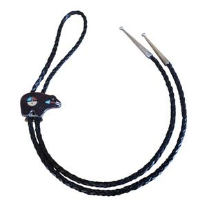 Vintage Zuni Sterling Silver Carved Jet Black Bear Turquoise Coral Bolo Tie